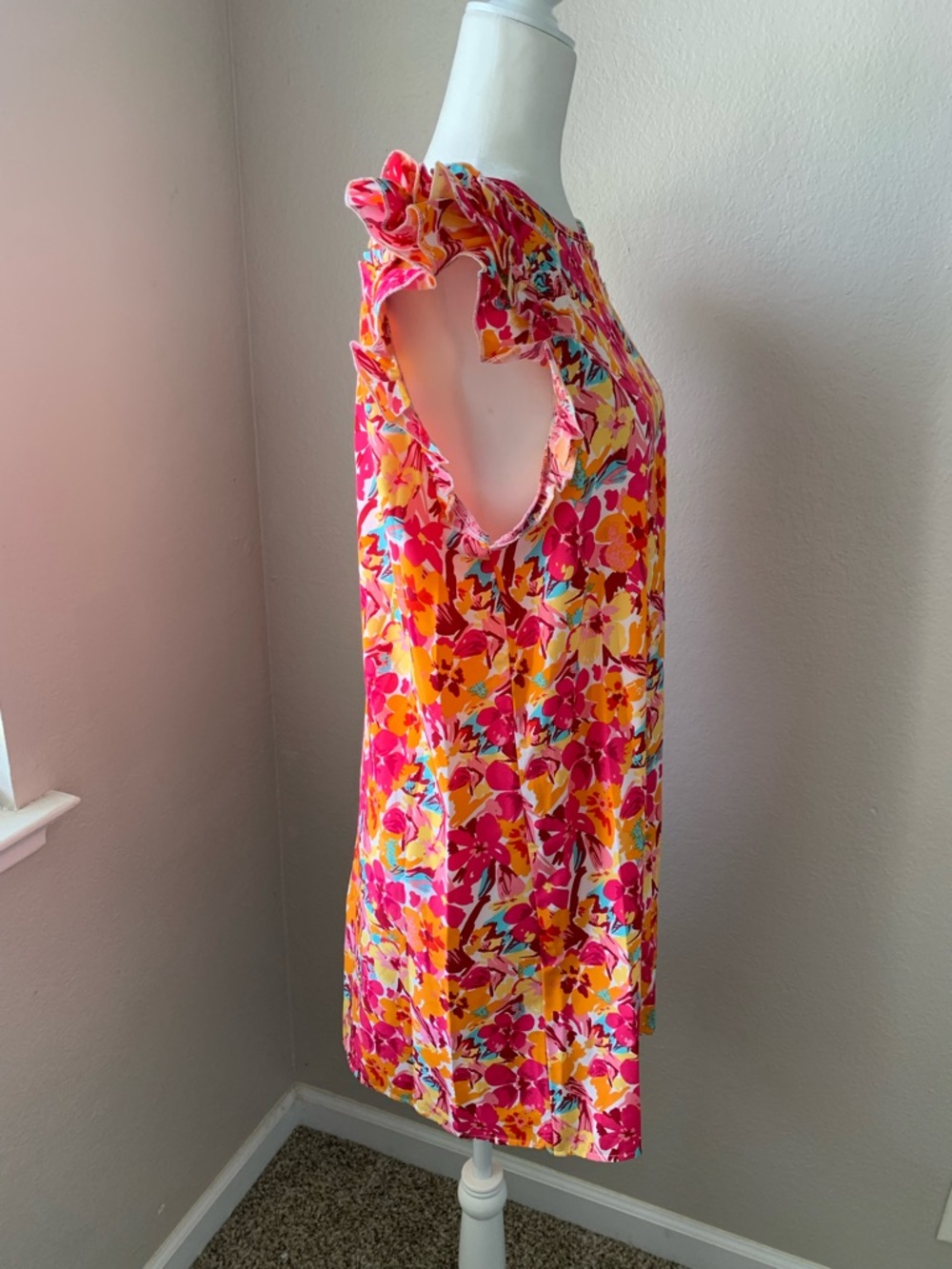 SHEIN Pink & Yellow Floral Ruffle Sleeve Casual Dress - Picture 3 of 6